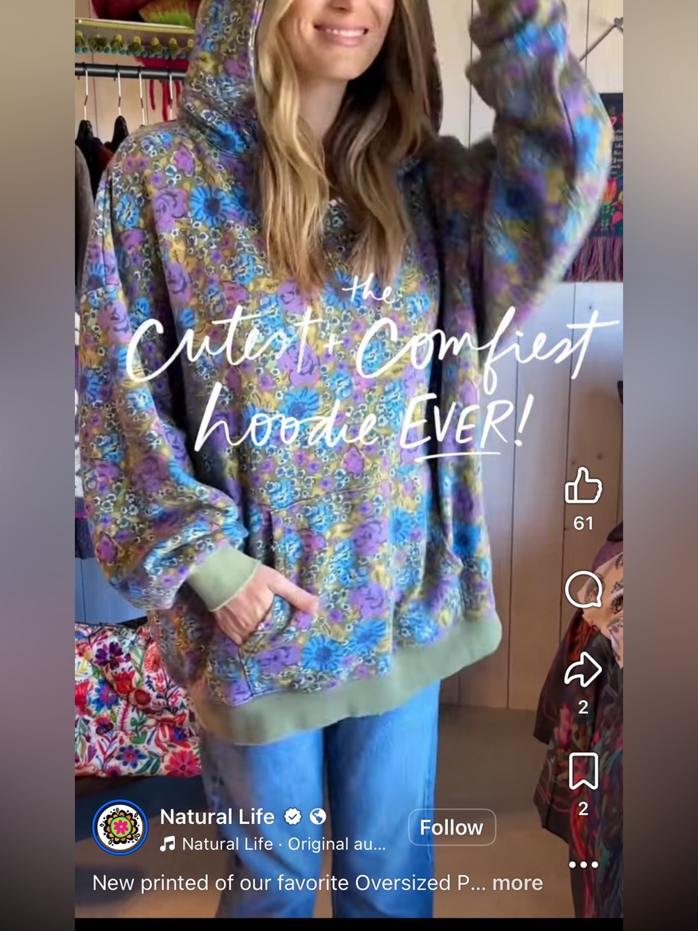 NATURAL LIFE Oversized Printed Hoodie Pullover Sweatshirt Daisy S/M - Picture 5 of 16